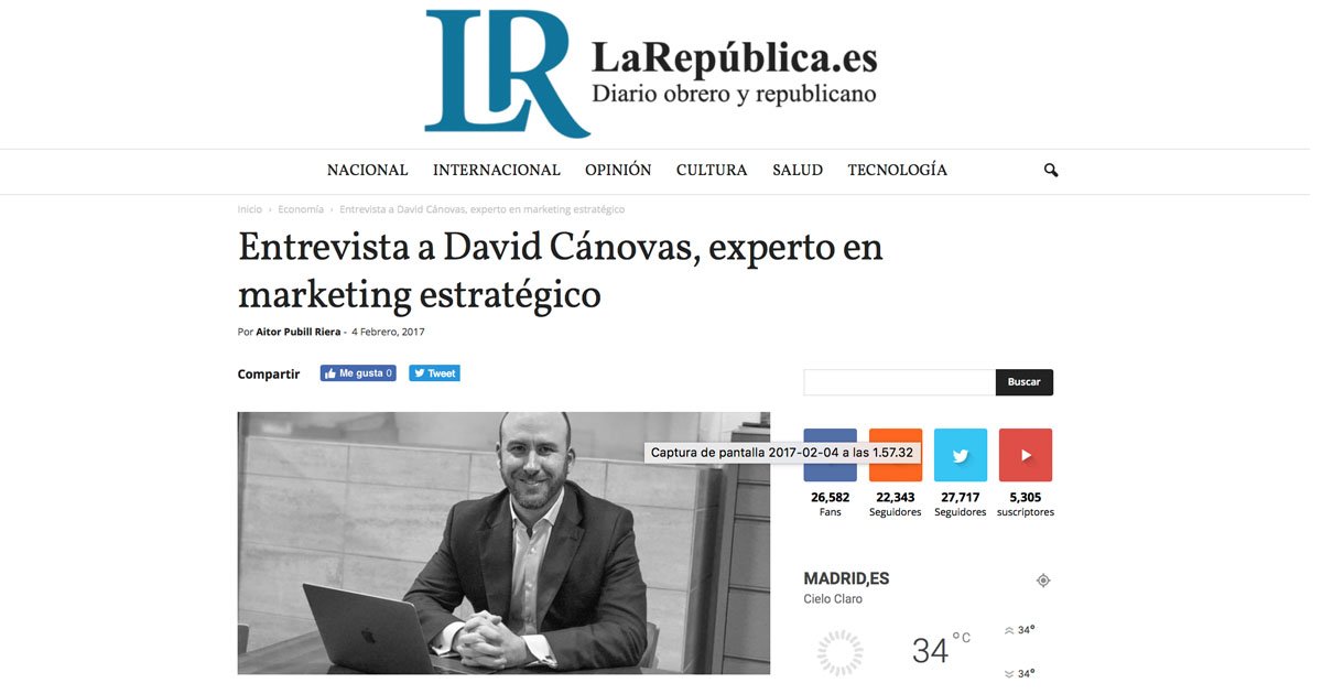 Entrevista a David Cánovas Expósito en el Diario La República